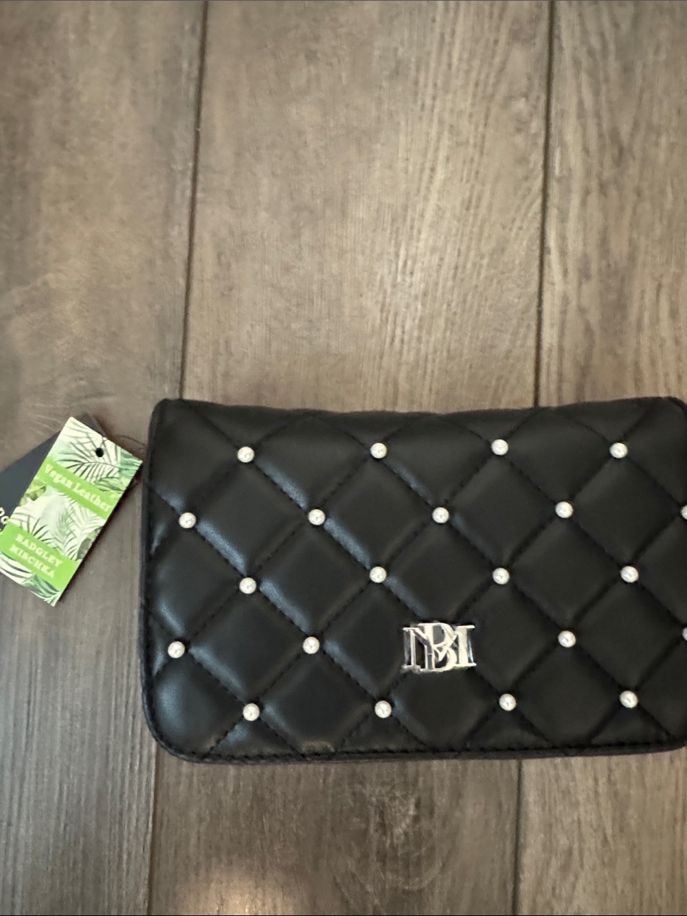 Badgley Mischka Black Quilted Pearl-Studded Crossbody Bag